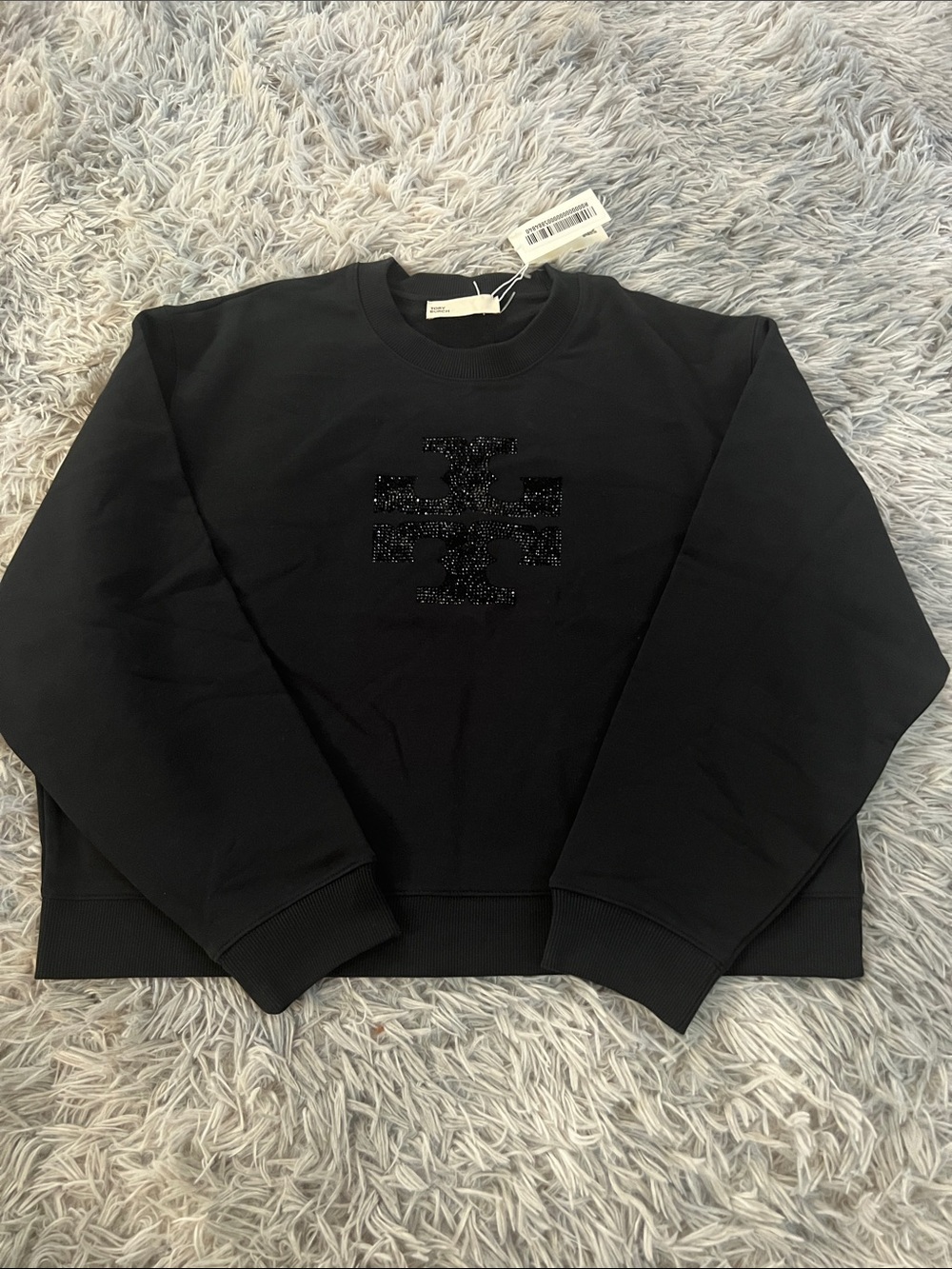Tory Burch Women’s Oversized Black Crewneck Sweater with Crystal Center Logo: M